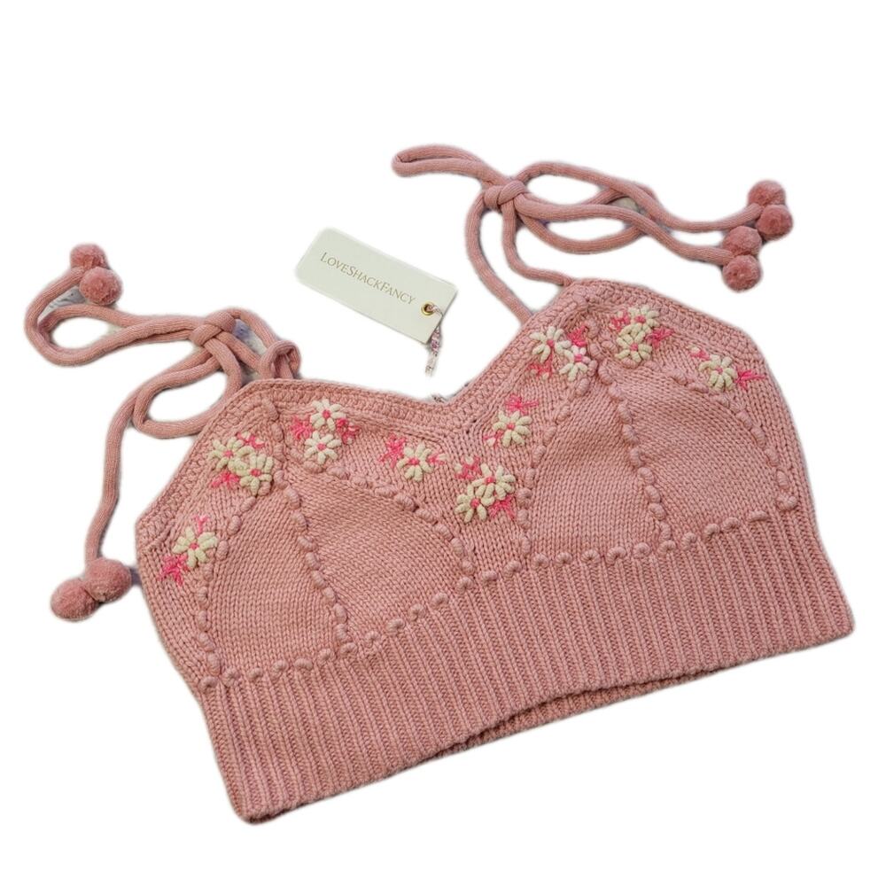 NWT LoveShackFancy Lago Little Bow Pink Wool-blend Crop Sweater size Large - Picture 2 of 16